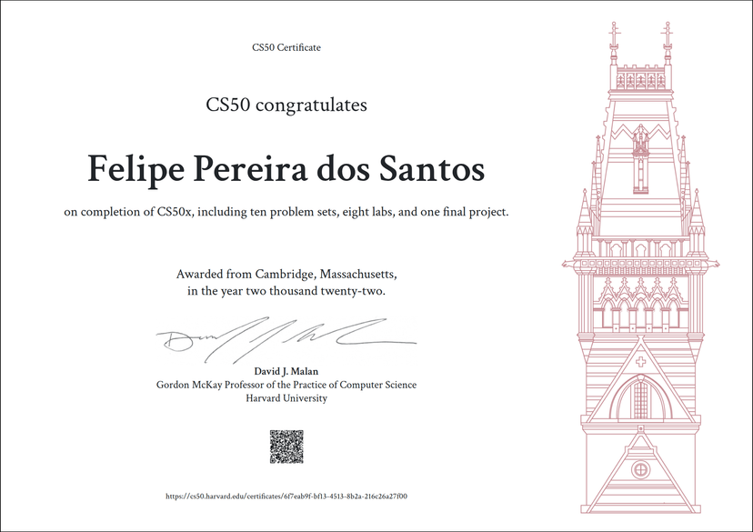 Certificado de Harvard University — CS50x (Ciência da Computação)